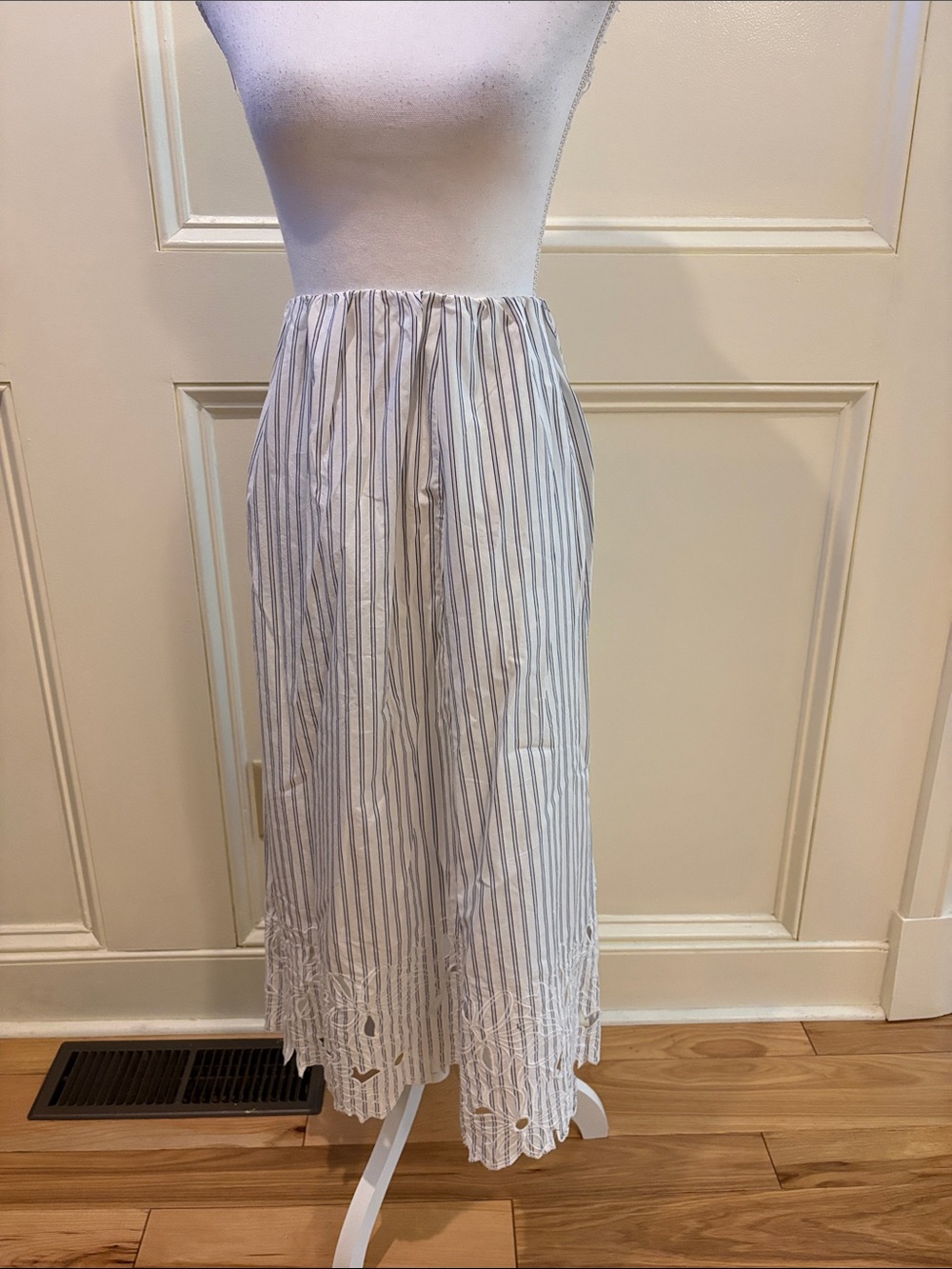 J. Crew White Midi Skirt with Gray Stripes and Eyelet Hem